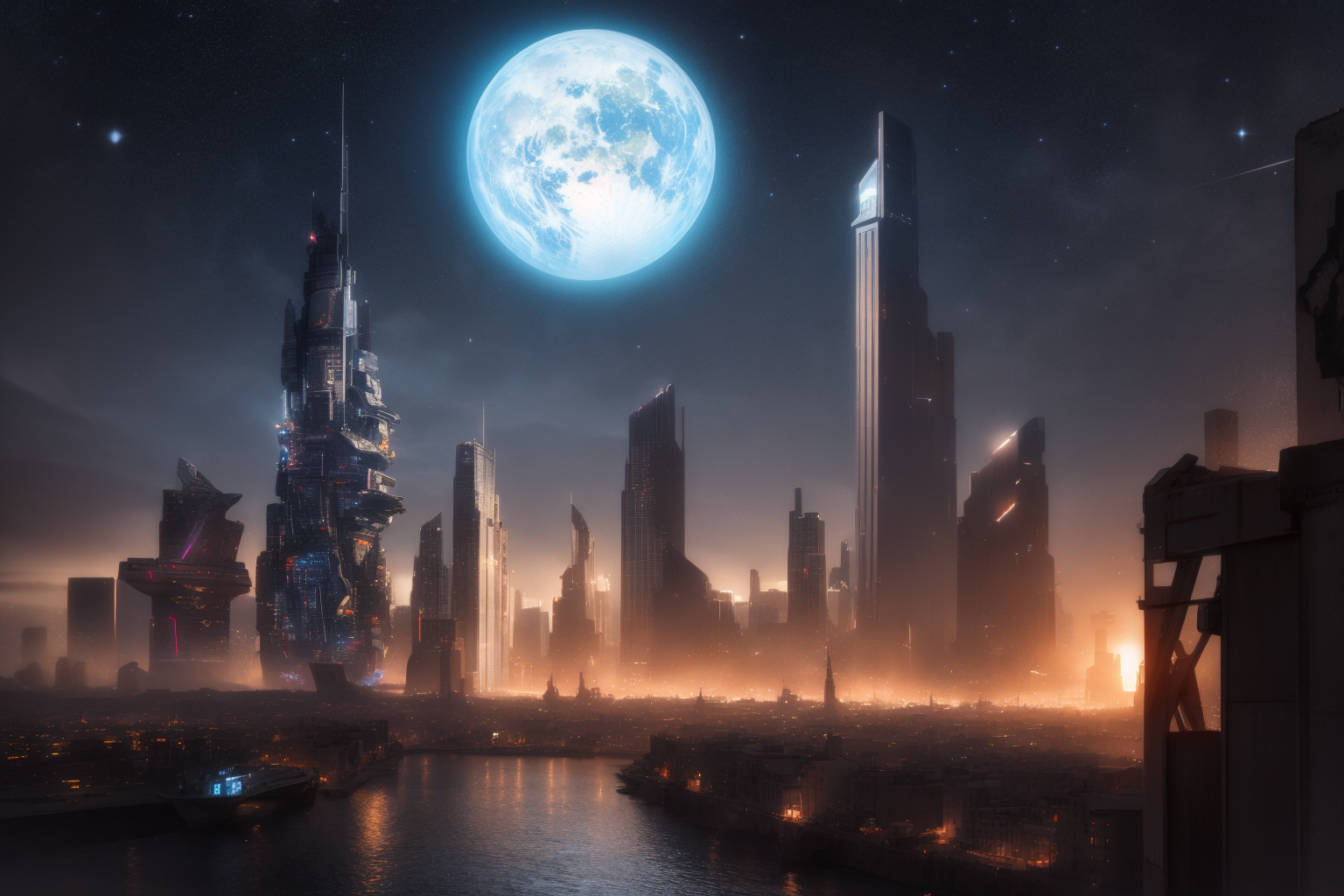 ultra detailed 8k cg, science fiction, advanced civilization, city, futuristic, planets, stars